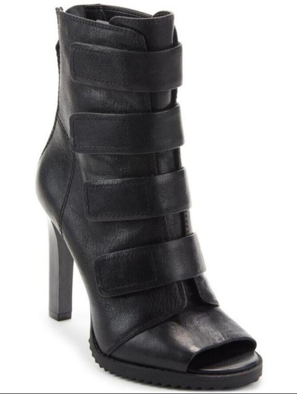 DKNY Blake Black Leather Strappy Peep-Toe High Heel Ankle Boots Bikercore Sz 9